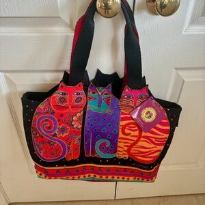 NWT Laurel Burch Feline Friends Colorful Canvas Cut Out Cat Kitty Zip Tote Bag